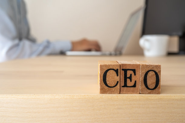 首席执行官;木制邮票与“CEO”的概念文本和一个工人。图片下载