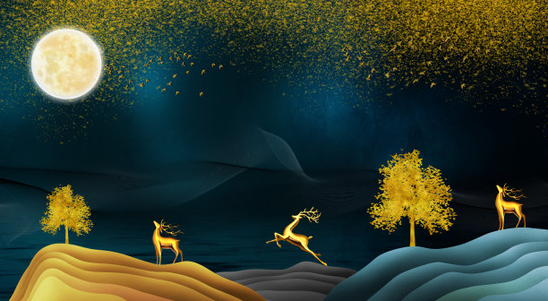 3d现代艺术壁画壁纸与深蓝色背景。金色的圣诞树，金色的山，金色的鹿，金色的鸟和金色的月亮图片下载