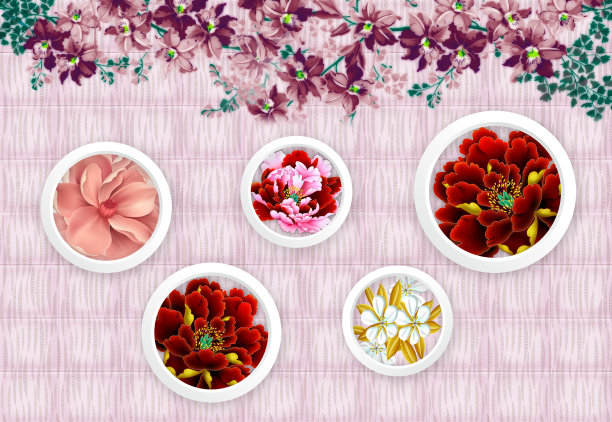 3d花卉墙纸。 花在白色的圆圈在光的背景。图片下载