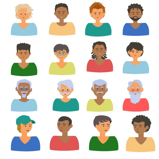 不同的男人与不同的发型收集的年轻和老男人的肖像在白色背景上的向量插图图片下载
