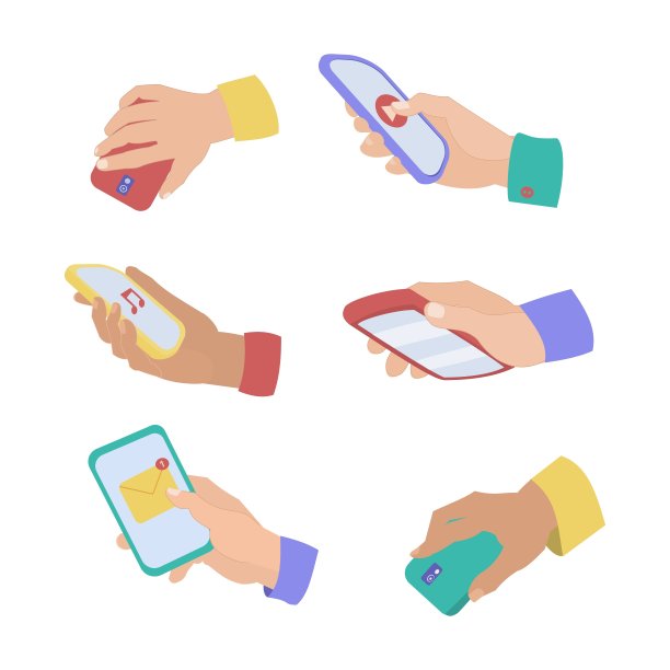 握智能手机的手多种多样。现代矢量插图手握手机与一个普通屏幕。网页，应用程序设计信息图。不同的皮肤颜色。图片下载