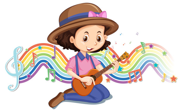 女孩弹吉他与旋律符号在彩虹波图片下载
