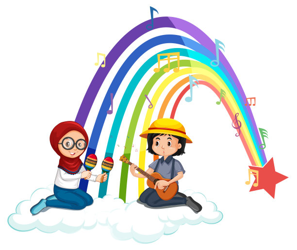 两个孩子和彩虹一起弹吉他和沙球图片下载
