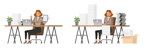 女商人在办公室工作字符向量设计。呈现在各种动作中。图片下载