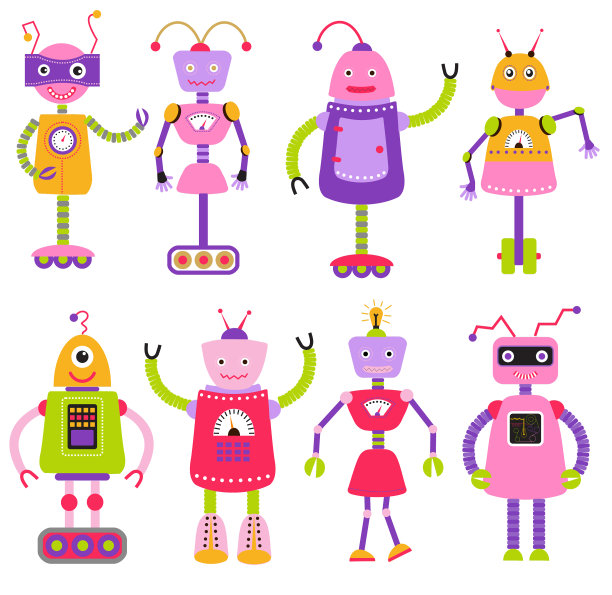可爱的卡通机器人设置为女孩孤立图片下载