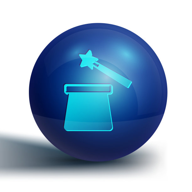 蓝色魔法帽和魔杖图标孤立在白色上图片下载