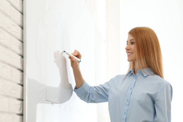 办公室白板旁的专业商务培训师图片下载