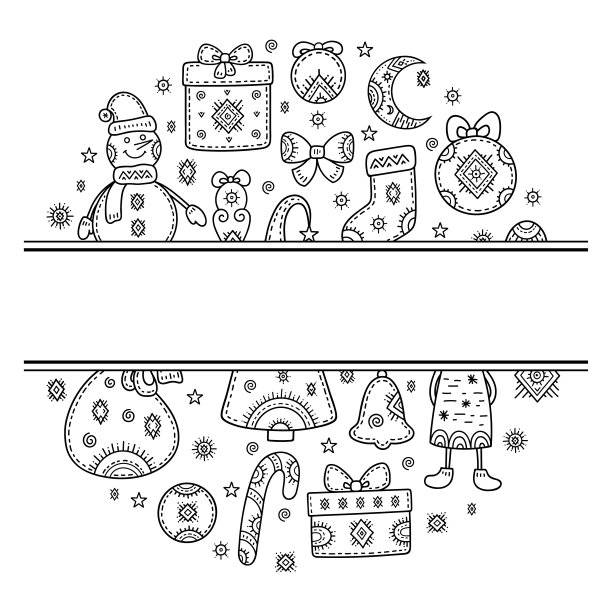 致以圣诞和新年的问候。用节日符号做成的圆形装饰图案。雪人、礼物、圣诞树、小鹿、手套、球、袜子、铃铛、雪花等标志。框架的题词图片下载