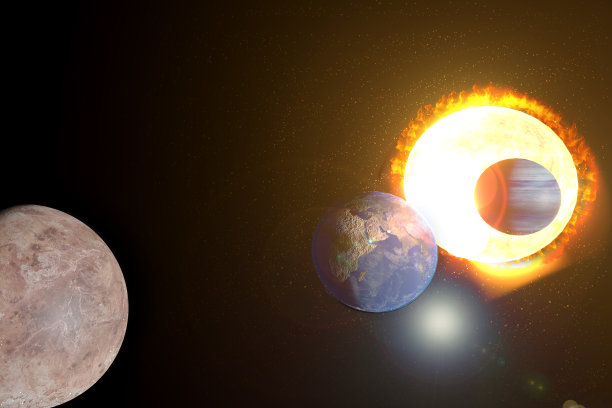 在计算机行星系统中创建的真实的三维环境，恒星太阳，金星地球与月球轨道和火星图片下载