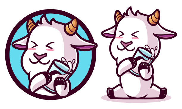 可爱的山羊拿着玻璃羊奶卡通图片下载