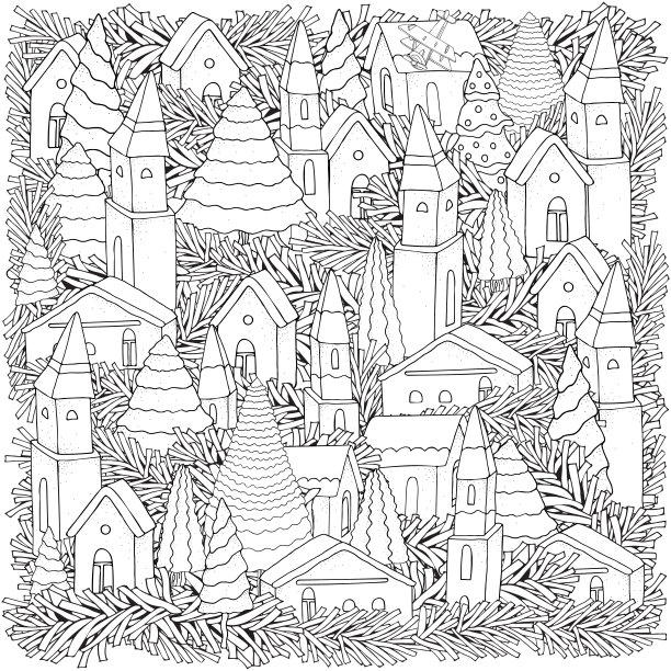 图案有房子、圣诞树和云杉树枝。神奇的城市。街的背景。图画书。黑色和白色的图案在向量。图片下载