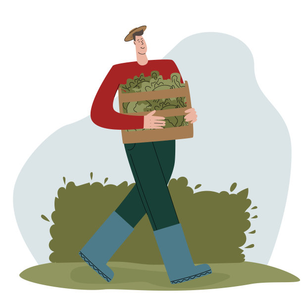 彩色插图的快乐农民性格男孩拿着盒子与种植的蔬菜。农产品销售生态市场设计。健康美味的乡村产品。图片下载