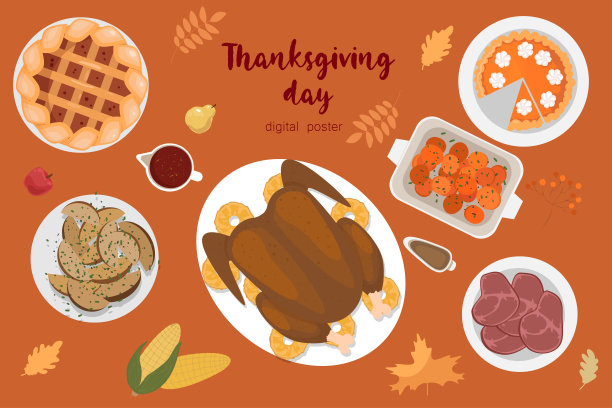 感恩节快乐与传统食物，南瓜和水果。火鸡，南瓜饼，土豆。快乐感恩节假期矢量设计模板的海报，横幅，邀请和贺卡图片下载
