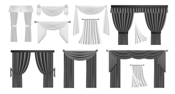 现实的白色窗帘。窗口装饰元素。豪华室内黑色纺织品。舞台和场景窗帘模板。房间装饰收藏。向量织物集图片下载