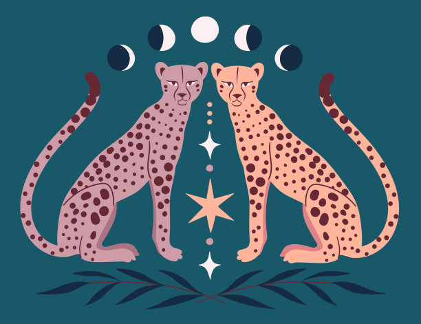 可爱的豹子，月相，星星，花枝。现代抽象艺术。放荡不羁的风格。世纪中期打印。宇宙简约的场景。保护野生动物海报。神奇的概念。古典艺术图片下载