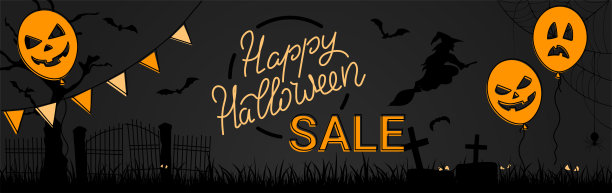 万圣节出售旗帜与字母背景与气球。图片下载