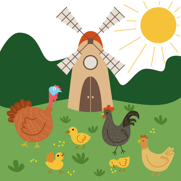 一只火鸡、一只母鸡、一只公鸡和几只鸡在吃草、啄食谷物，背景是一台磨坊。乡村景观、农场和田野。儿童教育，涂色书，童话故事。图片下载