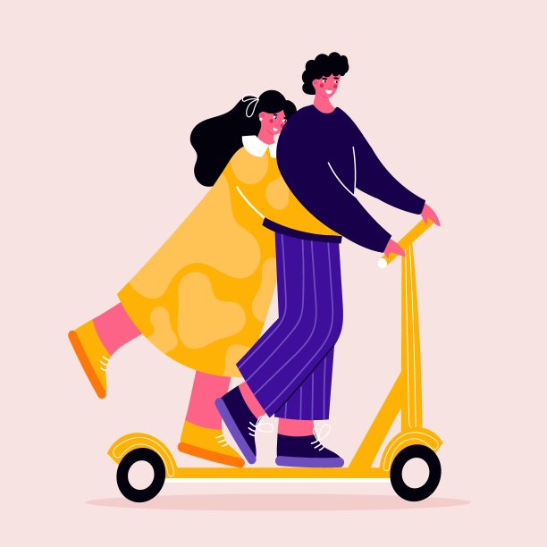 一对夫妇一起骑电动滑板车。图片下载