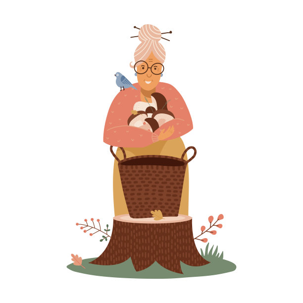 一个老妇人把收获的蘑菇放在森林里的篮子里。采蘑菇和狩猎的理念，在森林里寻找真菌，活跃的老年人生活方式。矢量平面插图。图片下载