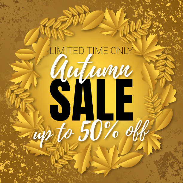 秋天的折扣横幅与黄金雕刻的树叶图片下载