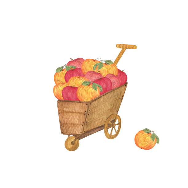 木车上有甜熟的苹果，感恩节，丰收的时刻，秋天的节日庆祝装饰水彩插图，健康的饮食理念图片下载