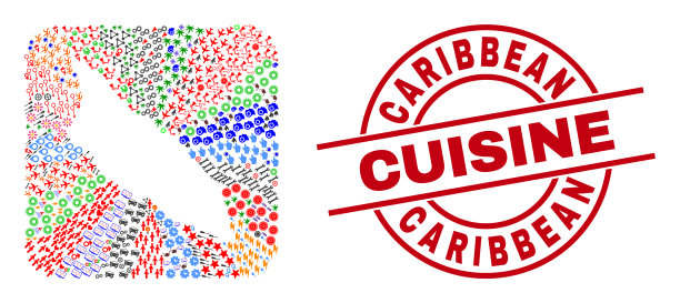 加勒比海美食图章和阿鲁巴岛地图图片下载