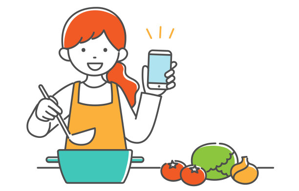 家庭主妇用智能手机烹饪插画素材图片下载