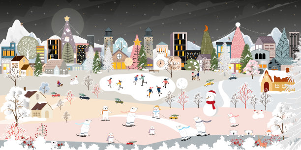 冬天仙境的景观背景在夜晚与北极熊在城市的新年快乐，圣诞节在村庄与人们庆祝，孩子们玩冰鞋，少年在山上滑雪图片下载