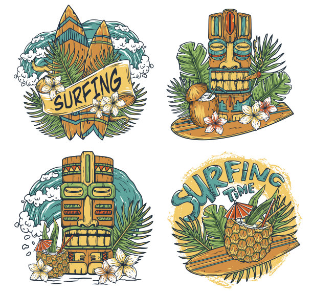 夏威夷鸡尾酒和提基冲浪印在船上图片下载