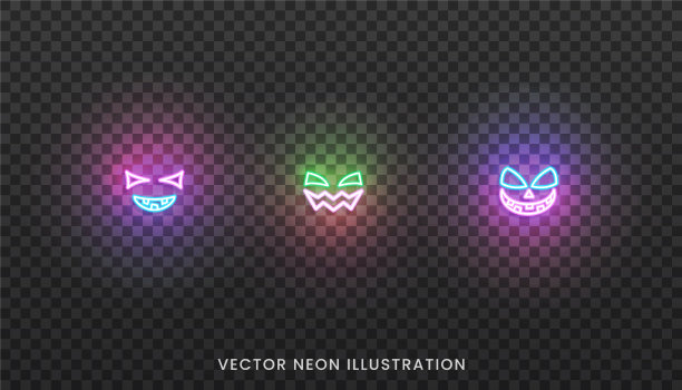 万圣节的脸霓虹灯图标设置明亮的脸图片下载