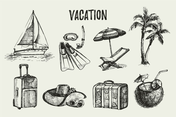 手绘复古旅游度假集素描图片下载