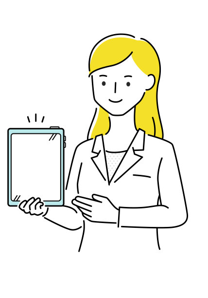 女性的实验室外套。一个女人在平板电脑上解释的插图。图片下载