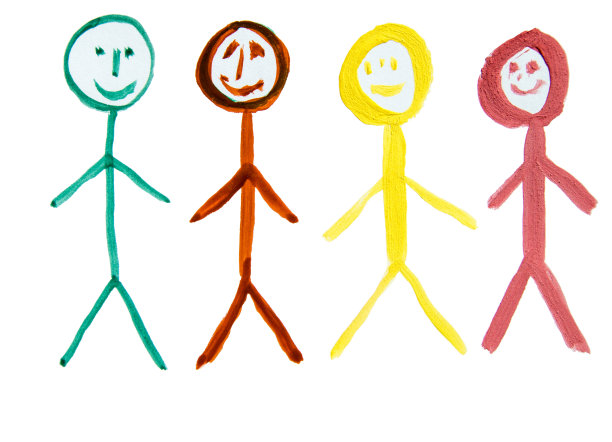 四个五彩缤纷的人，象征着民族的多样性，是一幅手绘水彩画图片下载