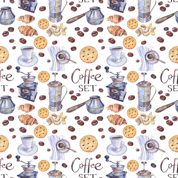 无缝图案水彩咖啡研磨机，法式压香饮料，杯碟，咖啡豆，羊角面包，腰果，白色背景饼干。早上好，喝咖啡图片下载