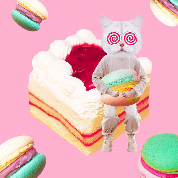 时尚小猫选择垃圾甜食。概念上的最小的拼贴画。不健康的饮食，饮食失调，卡路里，脂肪过剩图片下载
