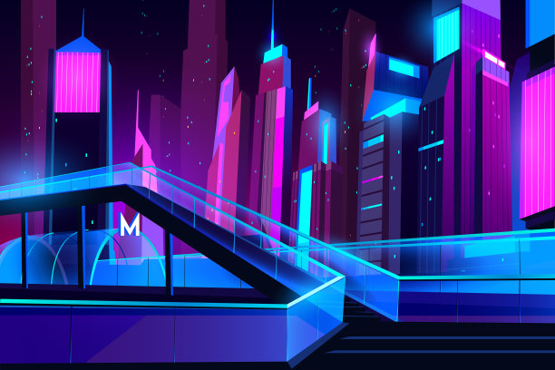 地铁入口和玻璃高架路夜城图片下载