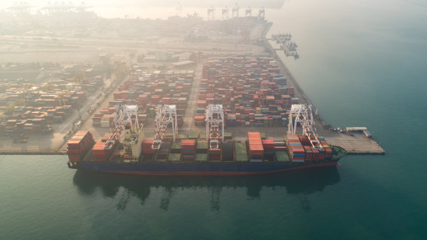 集装箱船舶进出口业务及物流。用起重机将货物运往港口国际水路运输。鸟瞰图和俯视图。图片下载