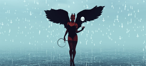 红色魔鬼女人堕落天使与角黑色的翅膀站在水中与发光的白色头骨和浮动的白色十字架阴天第三天图片下载