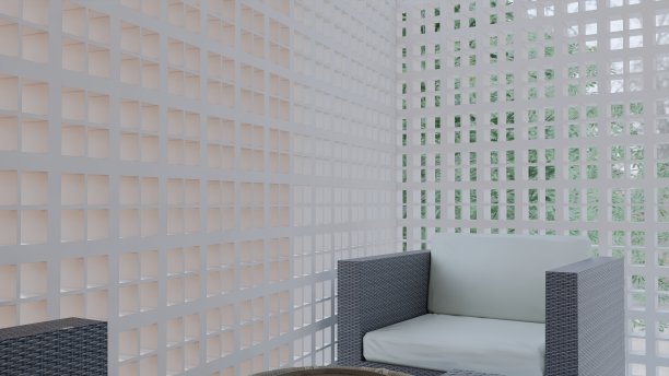 一座三层楼的房子里有两把椅子，采用了现代极简主义的设计，外观美观，混凝土花名册制成的二次表皮图片下载