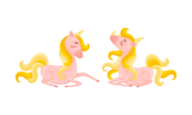 粉红色的独角兽，长着细长的腿和金色的鬃毛图片下载