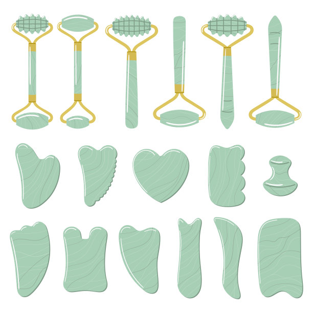 大套不同的刮沙石和滚筒是用绿色沙石制成的。面部刮痧按摩工具。日常美容回家。中国护肤理念。手绘矢量插图。图片下载