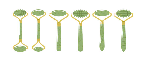 大套不同的刮痧辊是由绿色沙文制成的。面部刮痧按摩工具。中国护肤理念。日常美容回家。手绘矢量插图。图片下载