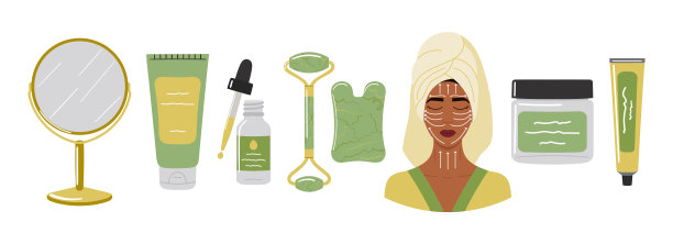 家庭美容护肤常规指导。洗面奶、面油、瓜沙石是用翠玉制成的面霜。非洲女性面部按摩纹。手绘矢量插图。图片下载