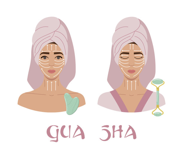 面部按摩方向信息图。年轻女子的肖像，张开和闭上眼睛，头上用毛巾，用绿色的aventurine刮痧器和脸辊。手绘矢量插图。图片下载
