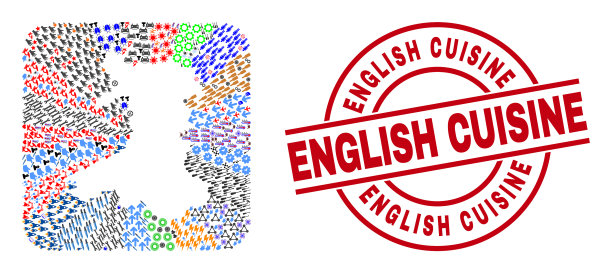 英国美食徽章和威尔士地图模板马赛克图片下载