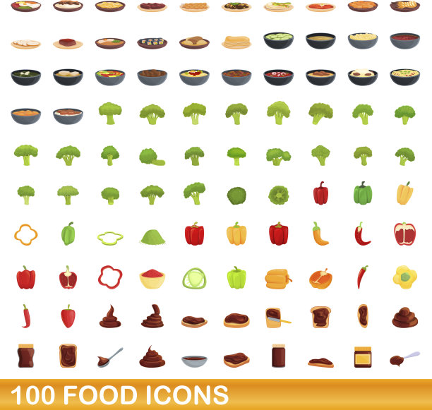 100个食物图标设定卡通风格图片下载
