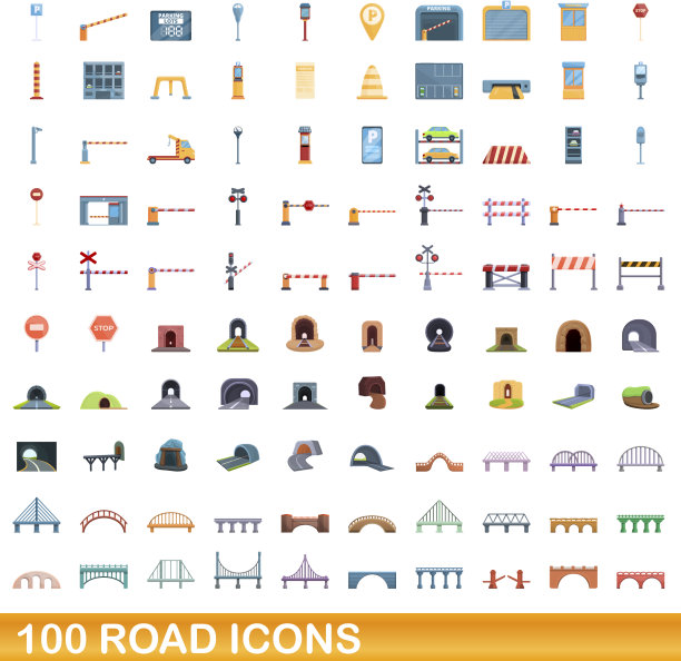 100个道路图标设定卡通风格图片下载