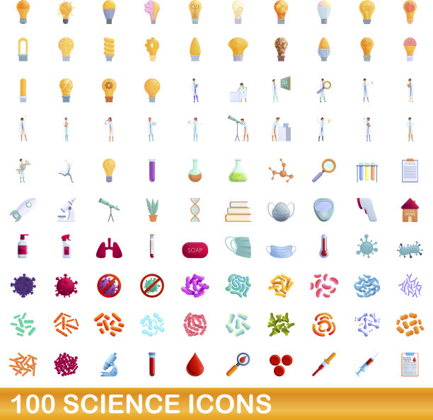 100个科学图标设定卡通风格图片下载