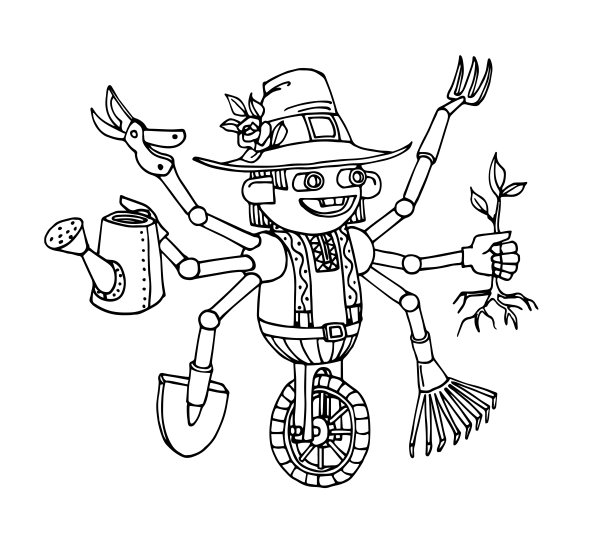 可爱的多臂花园机器人配有一套工具，有趣的角色，机械侏儒图片下载