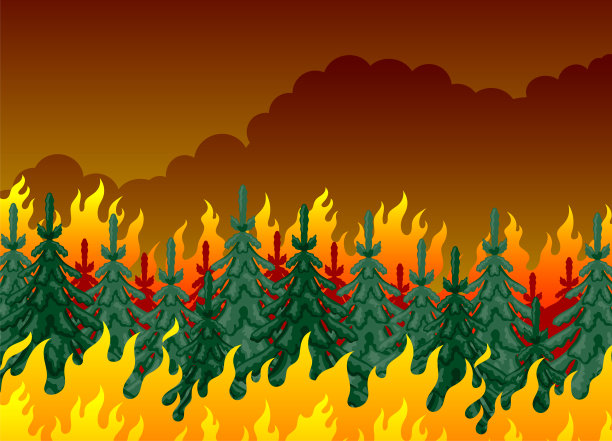 红色天空背景上的火和树。图片下载